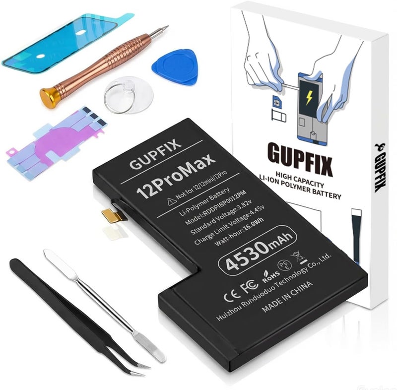 GUPFIX Diagnostic Battery for iPhone 12Pro Max No Pop-up Unknown Part Warning, 4530mAh High Capacity Li-Polymer Rechargeable Battery Replacement for iPhone 12Pro Max with Full Tool Kit - Image 1